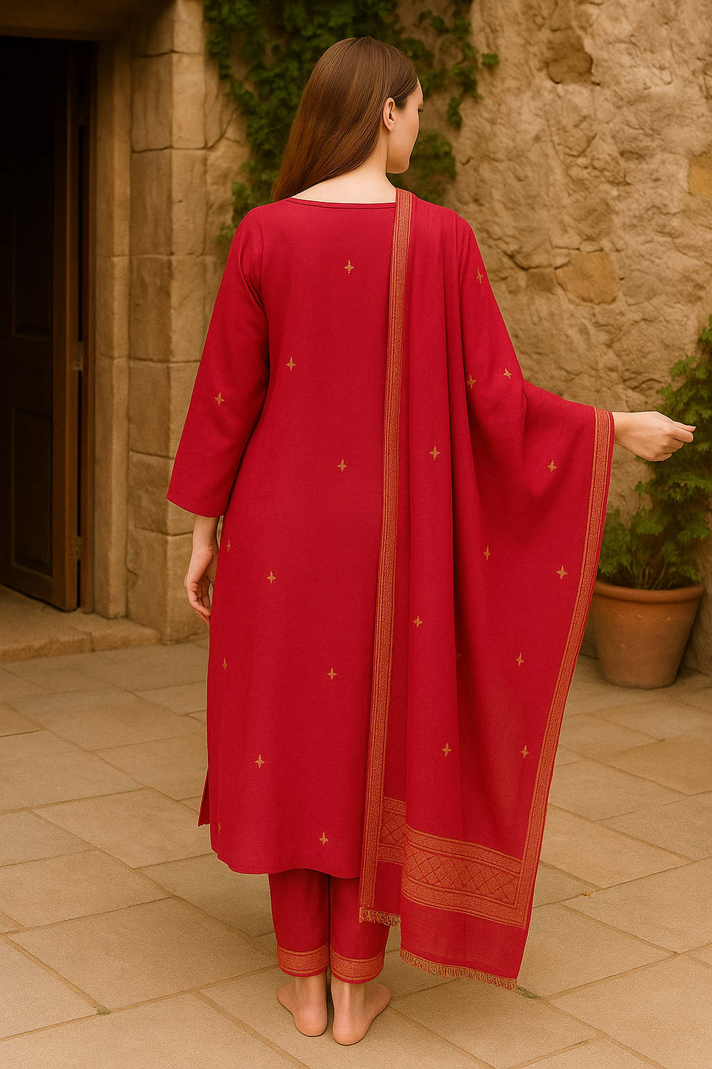 Silakaari Women's Dola Silk Heavy Gota Hand Work Kurti Pant Dupatta Set