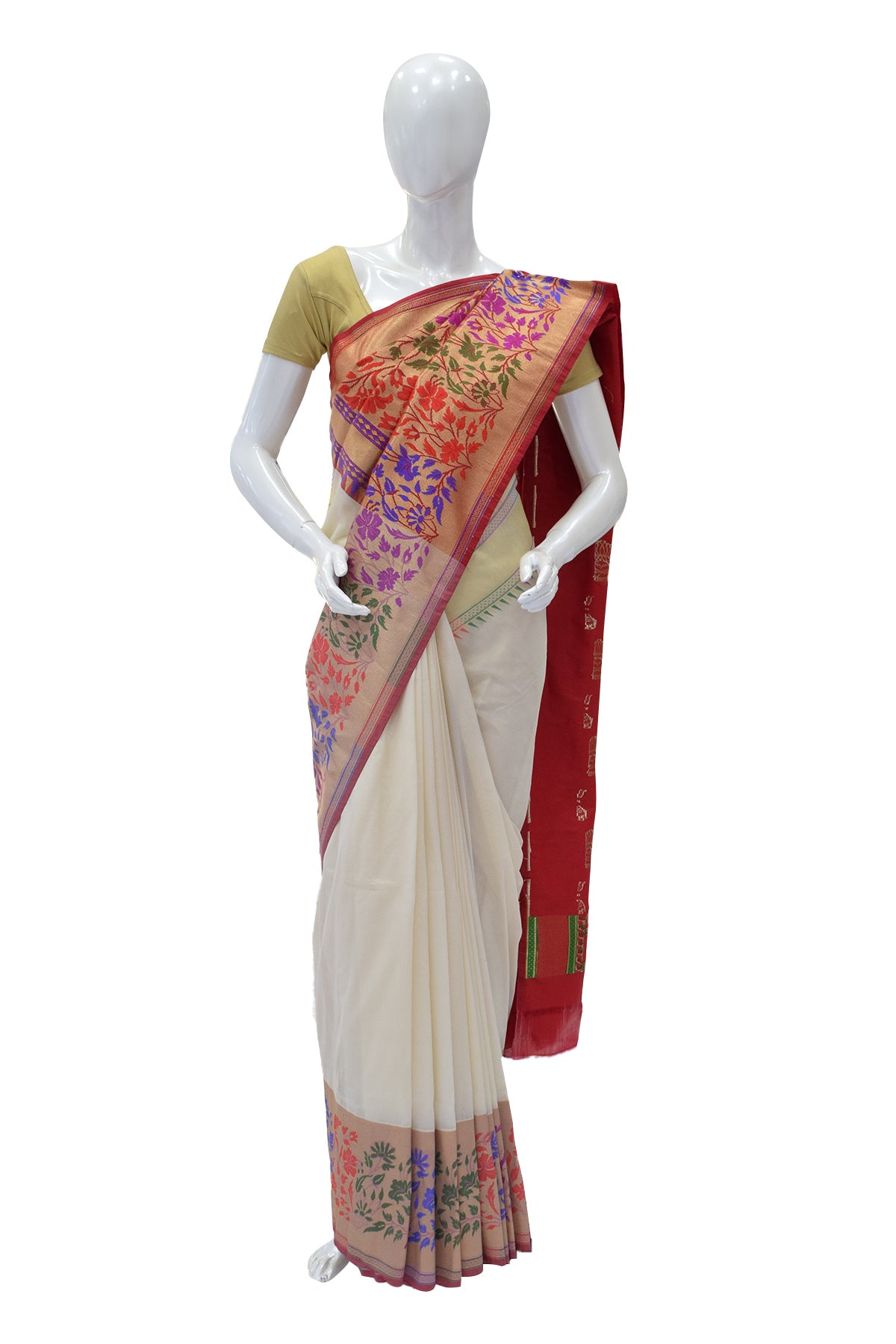 Silakaari Women's Off White Fancy Floral Border Banarasi Silk Saree