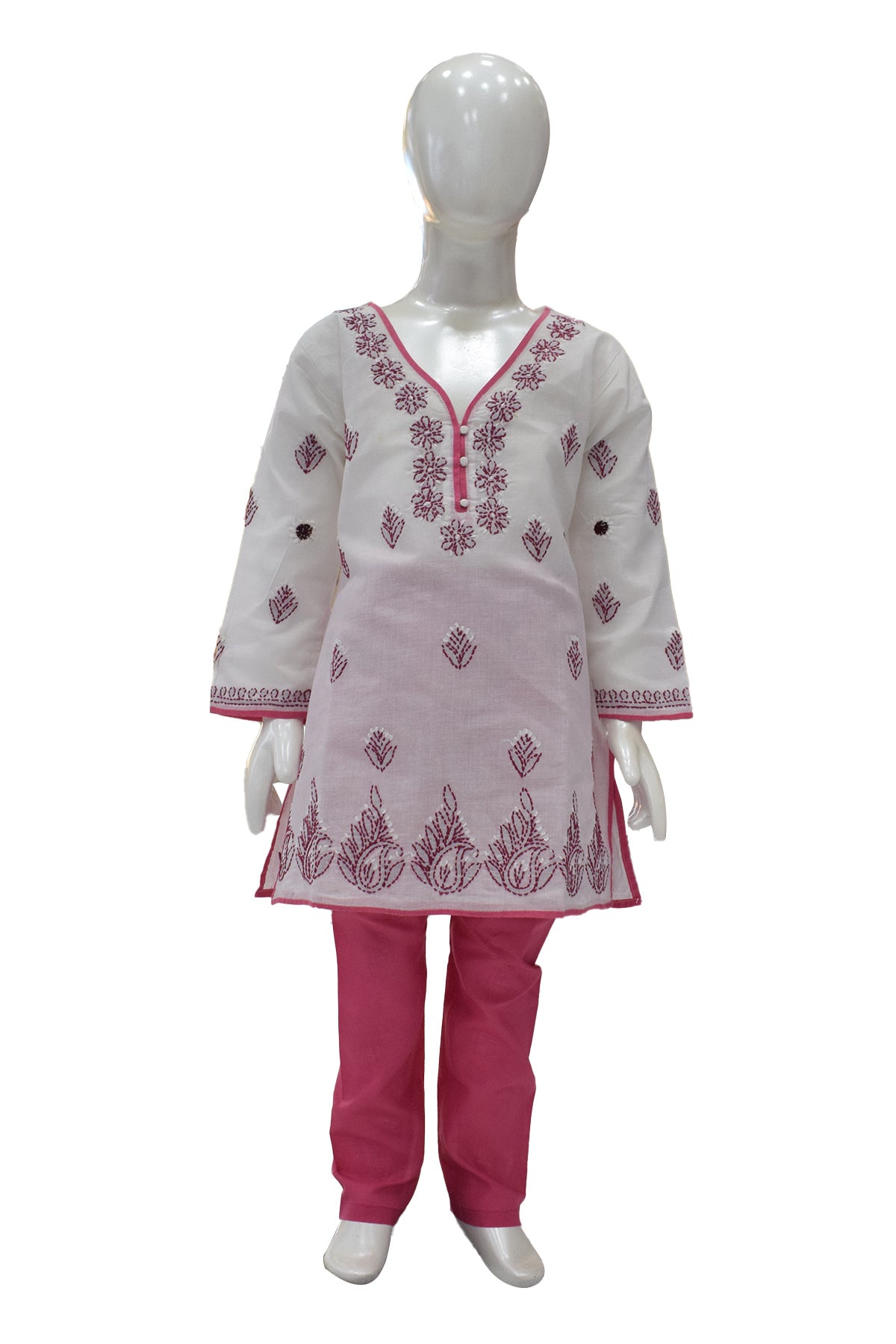 Silakaari Kids Pure Cotton Floral Chikan Lucknowi Kurta Pajama Set For Girls