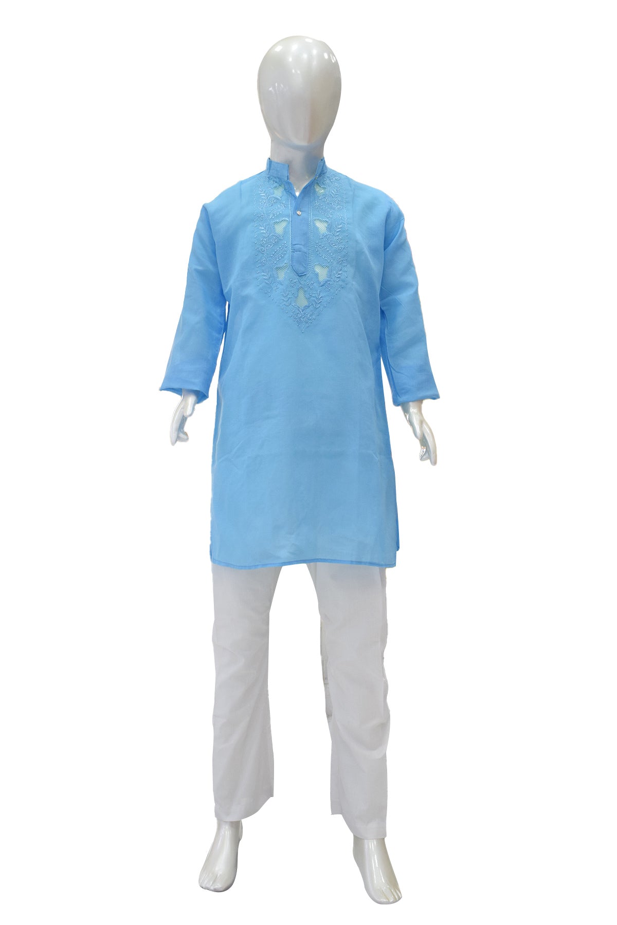 Silakaari Kids Blue Lucknowi Pure Cotton Kurta Pajama Set For Boys