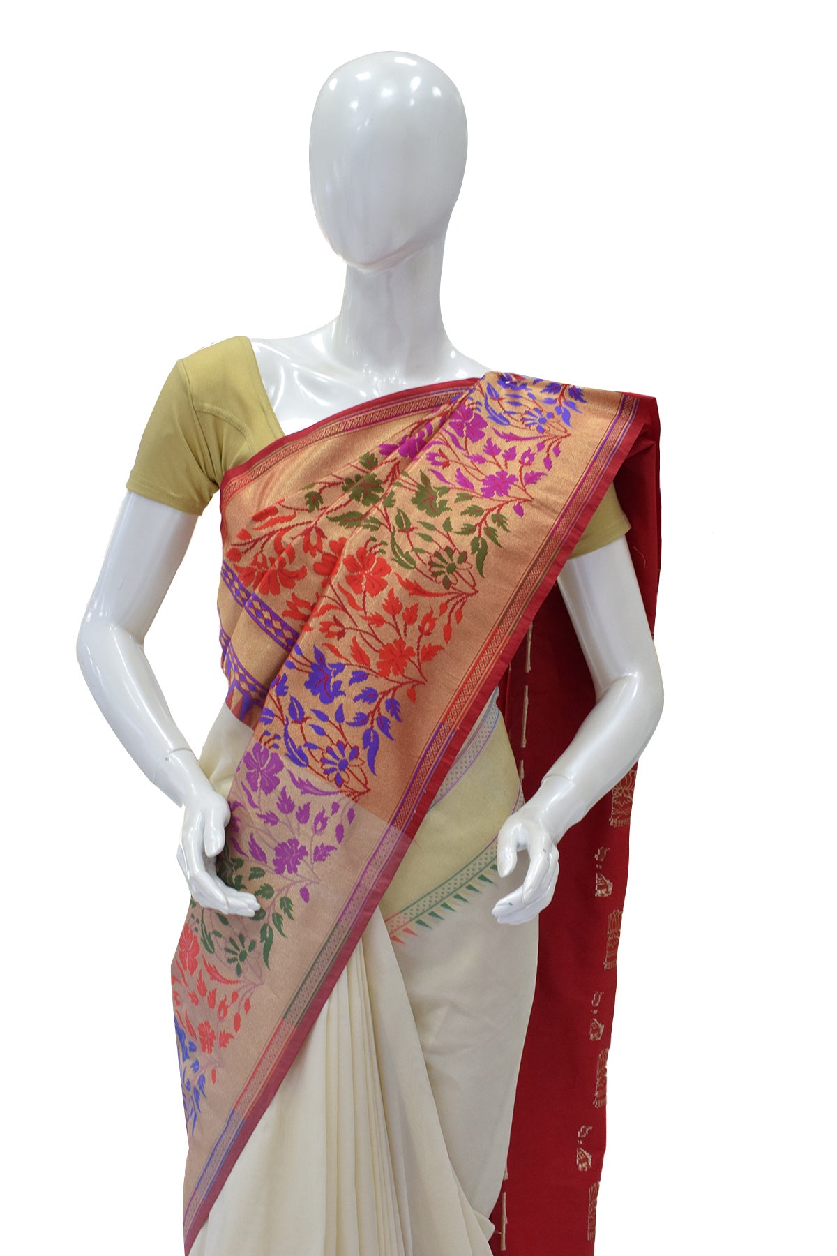 Silakaari Women's Off White Fancy Floral Border Banarasi Silk Saree