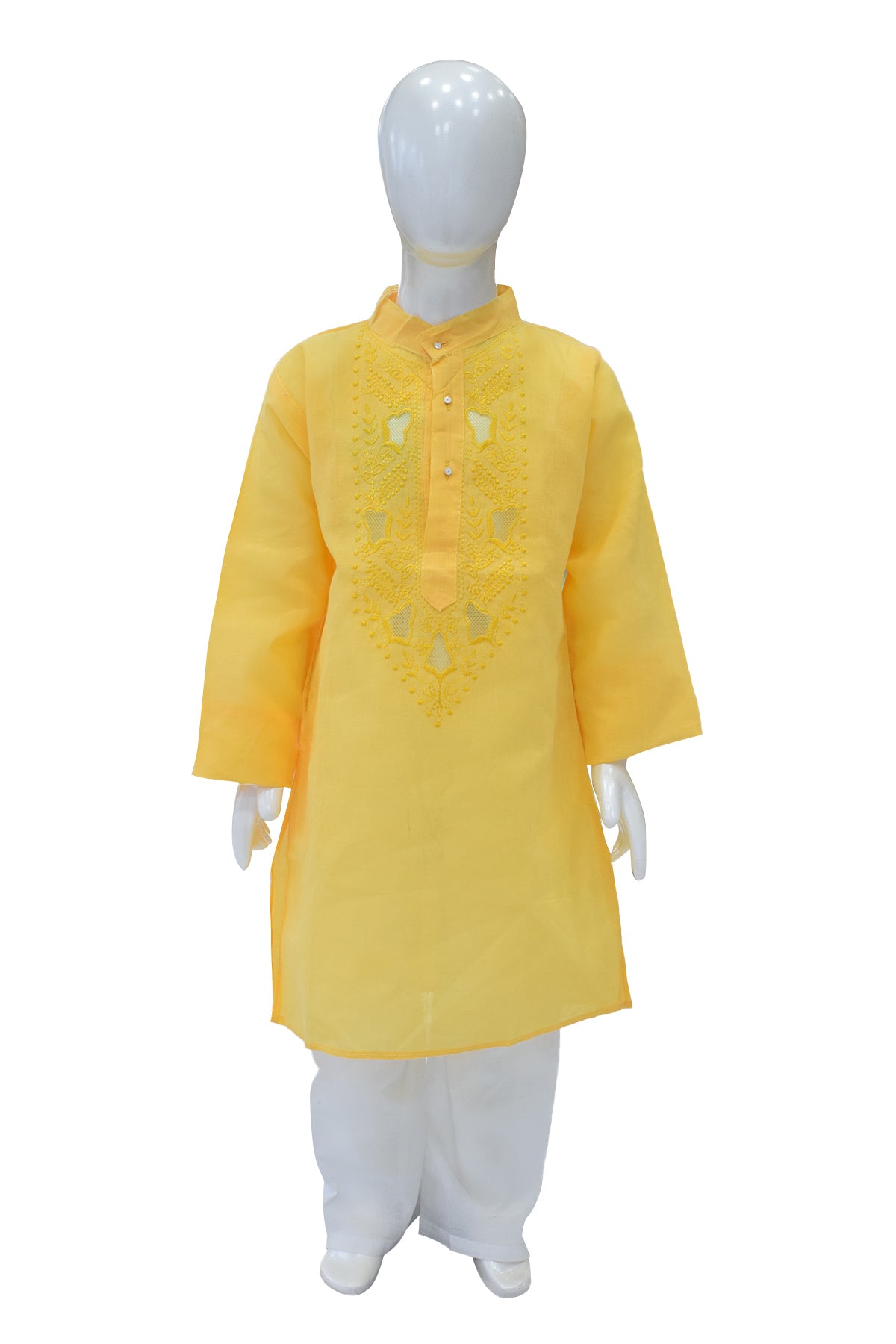 Silakaari Kids Bright Yellow Lucknowi Pure Cotton Kurta pajama Set For Boys