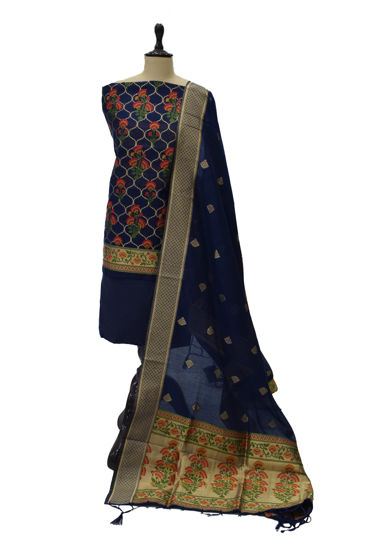 Silakaari Women's Navy Blue Zari Work Designer Banarasi Unstitched Dress Material