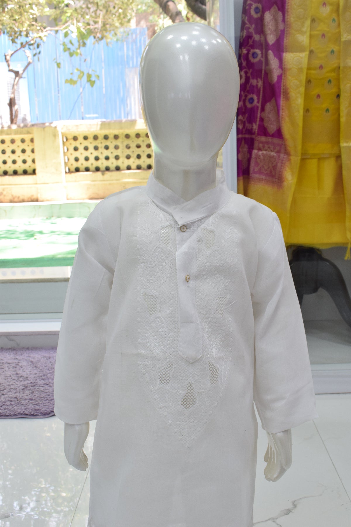 Silakaari Kids White Lucknowi Pure Cotton Kurta Pajama Set For Boys