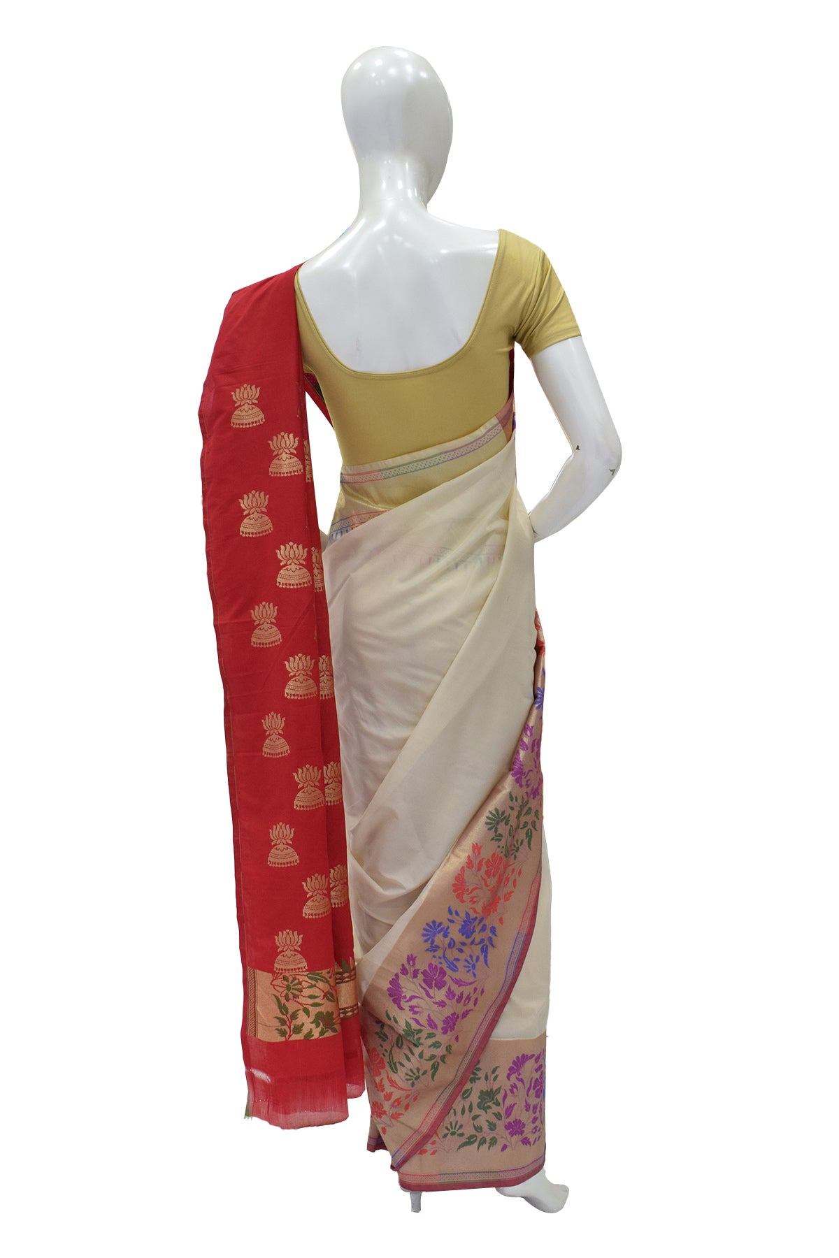 Silakaari Women's Off White Fancy Floral Border Banarasi Silk Saree