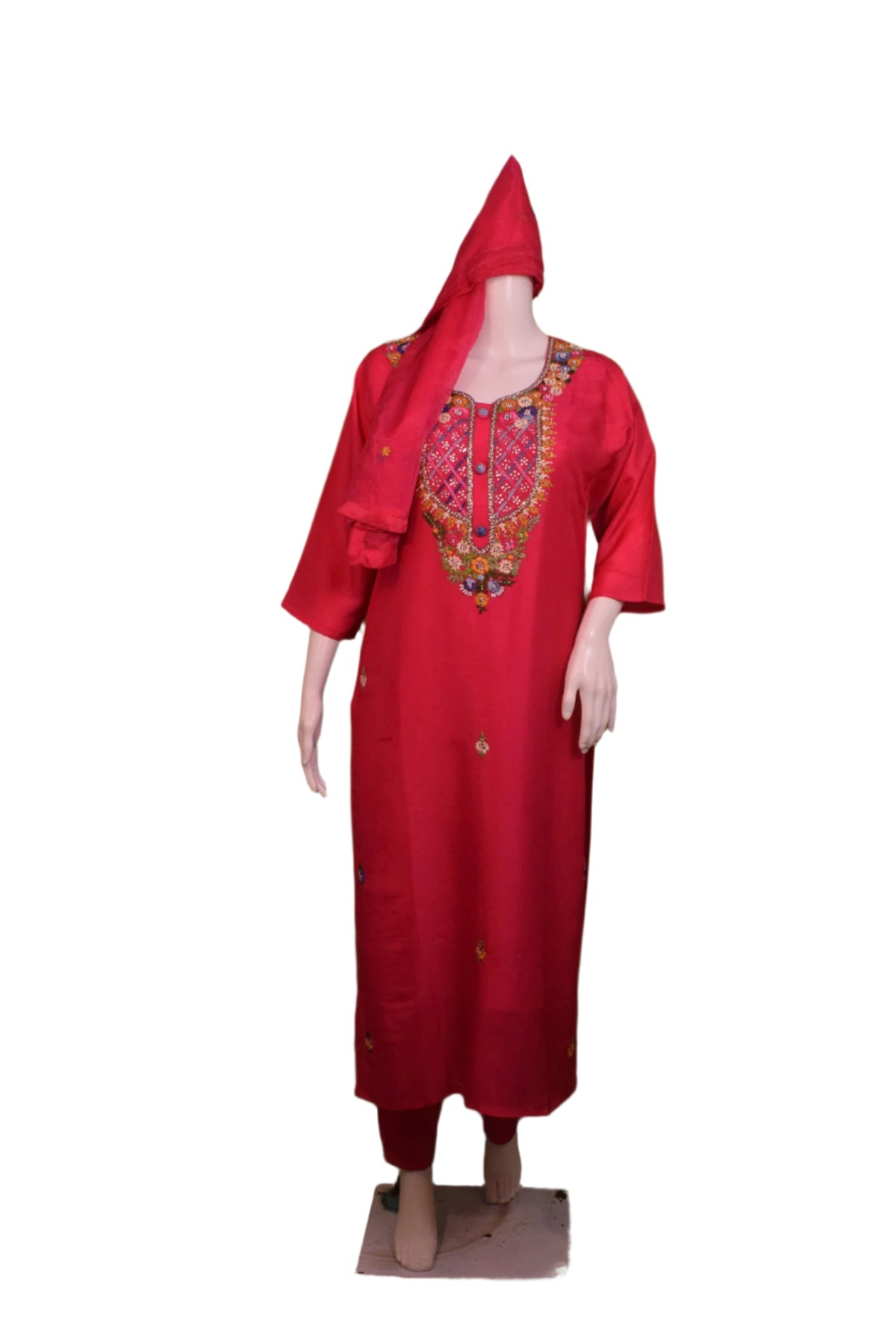 Silakaari Women's Silk Heavy Neckline Theard Moti Floral Embroidered Kurti Pant Dupatta Set