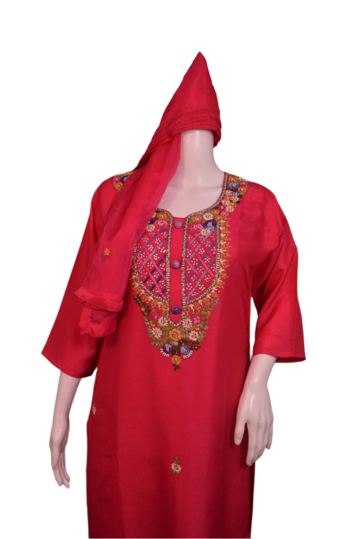 Silakaari Women's Silk Heavy Neckline Theard Moti Floral Embroidered Kurti Pant Dupatta Set