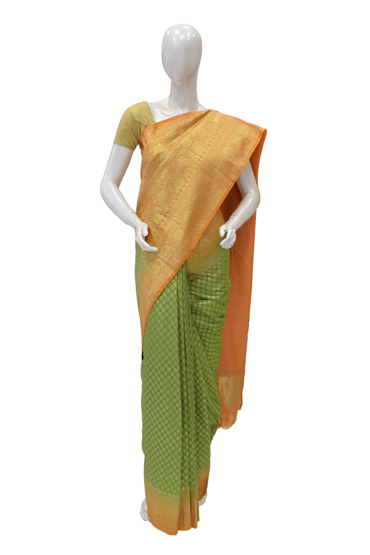 Silakaari Women's Green-Yellow Zari Banarasi saree
