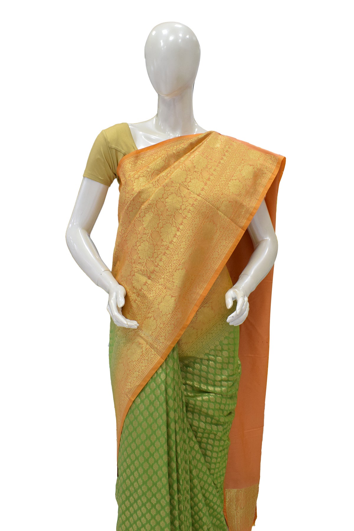 Silakaari Women's Green-Yellow Zari Banarasi saree