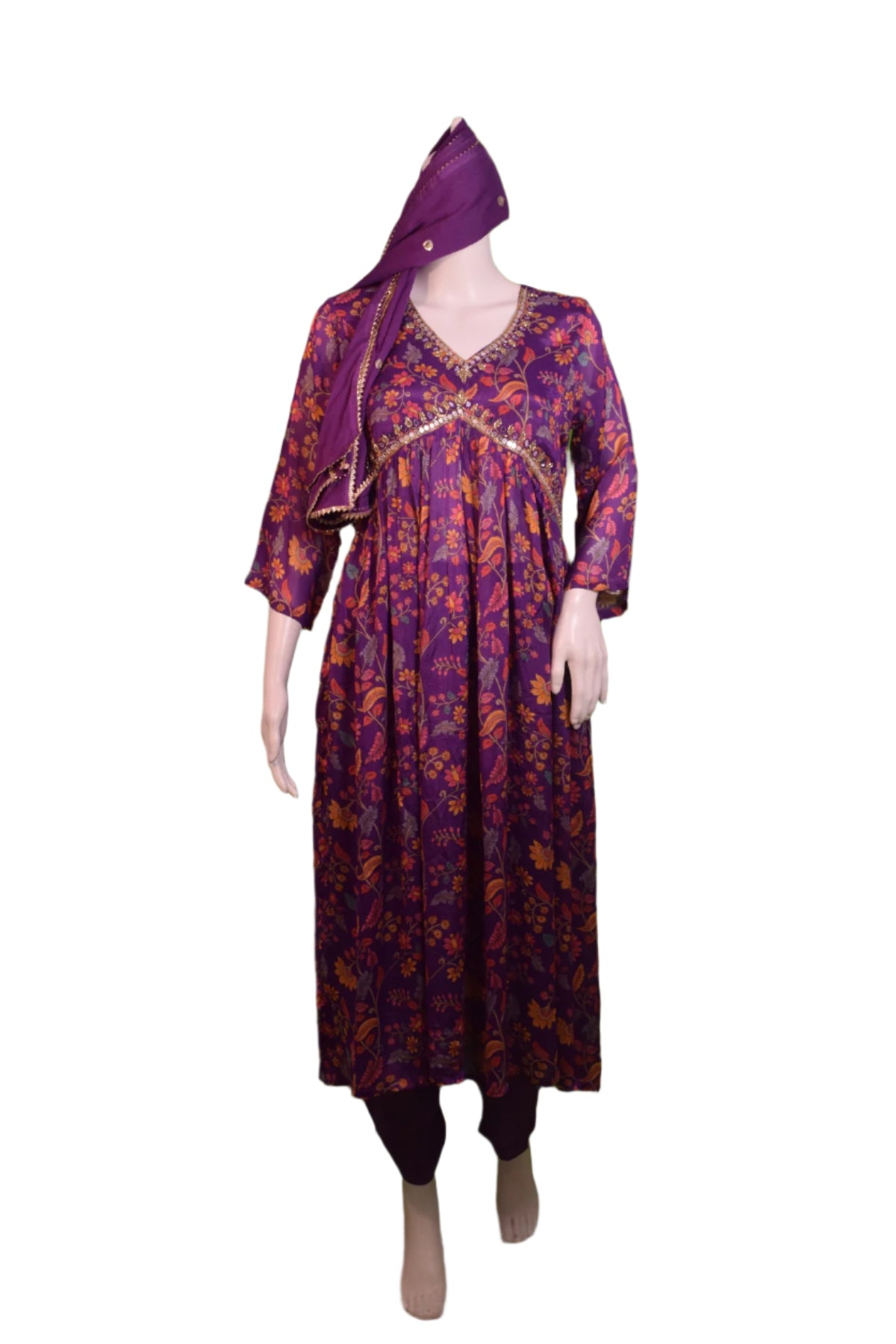 Silakaari Women's Mirror Work Chinon Alia Cut Pure Hand work Salwar Kameez Dupatta Set