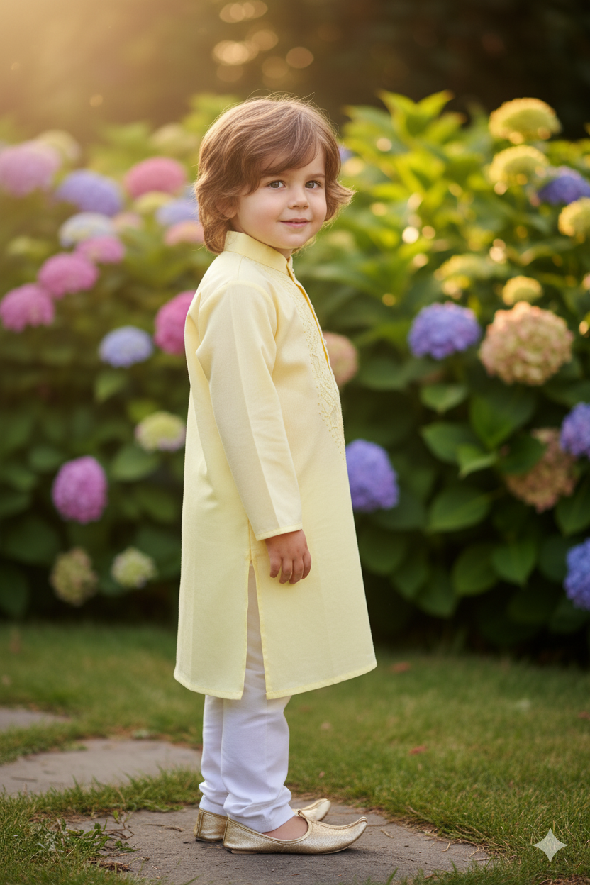 Silakaari Kids Yellow Lucknowi Pure Cotton Kurta Pajama Set For Boys