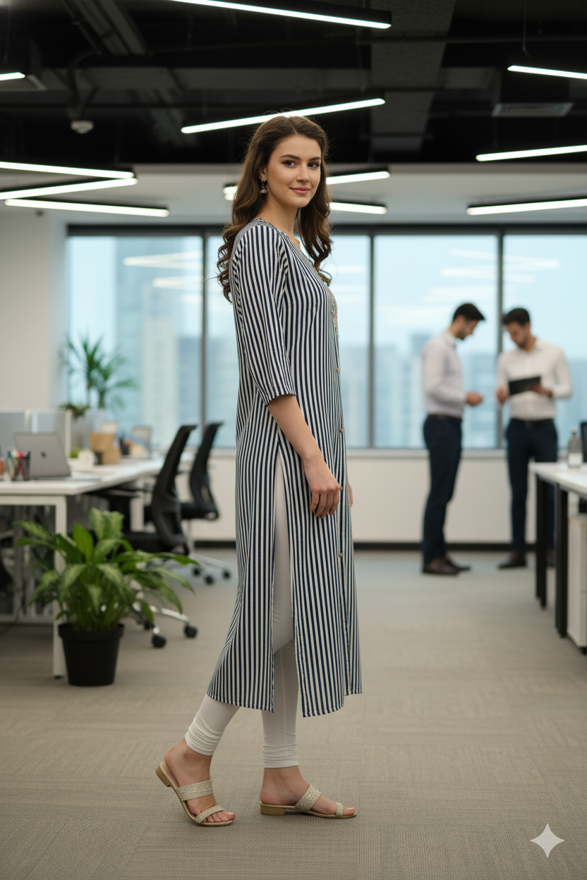 Silakaari Irsa Black-White Lining Rayon Gota Patti Long Kurti