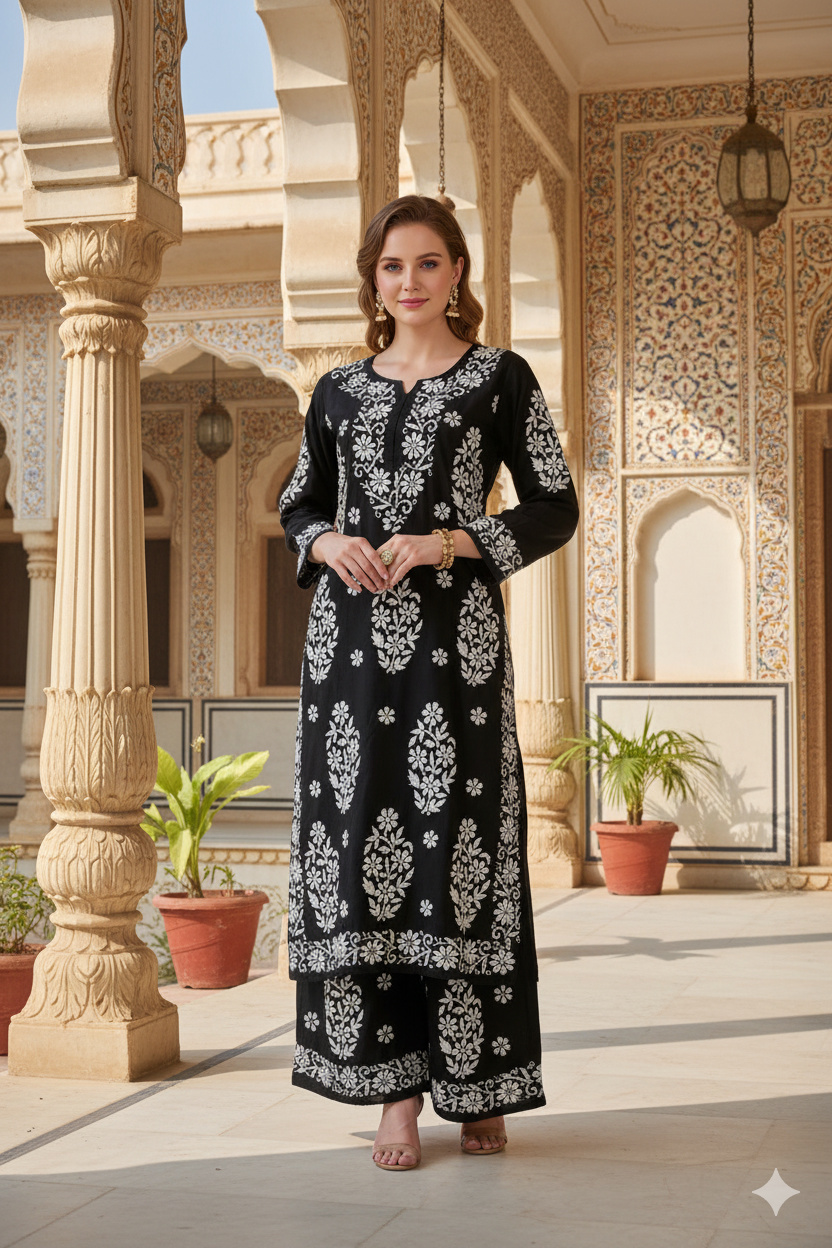 Silakaari Women's Pure Modal Lucknowi Premium Kurti Palazzo Set