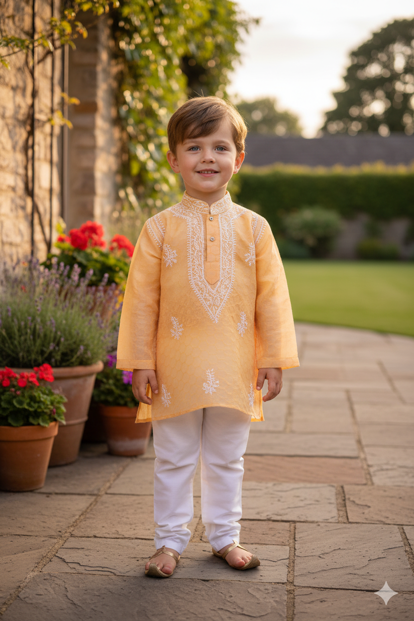 Silakaari Aarav Beige-White Pure Lucknowi Chikankari Kurta Pyjama Set For Boys