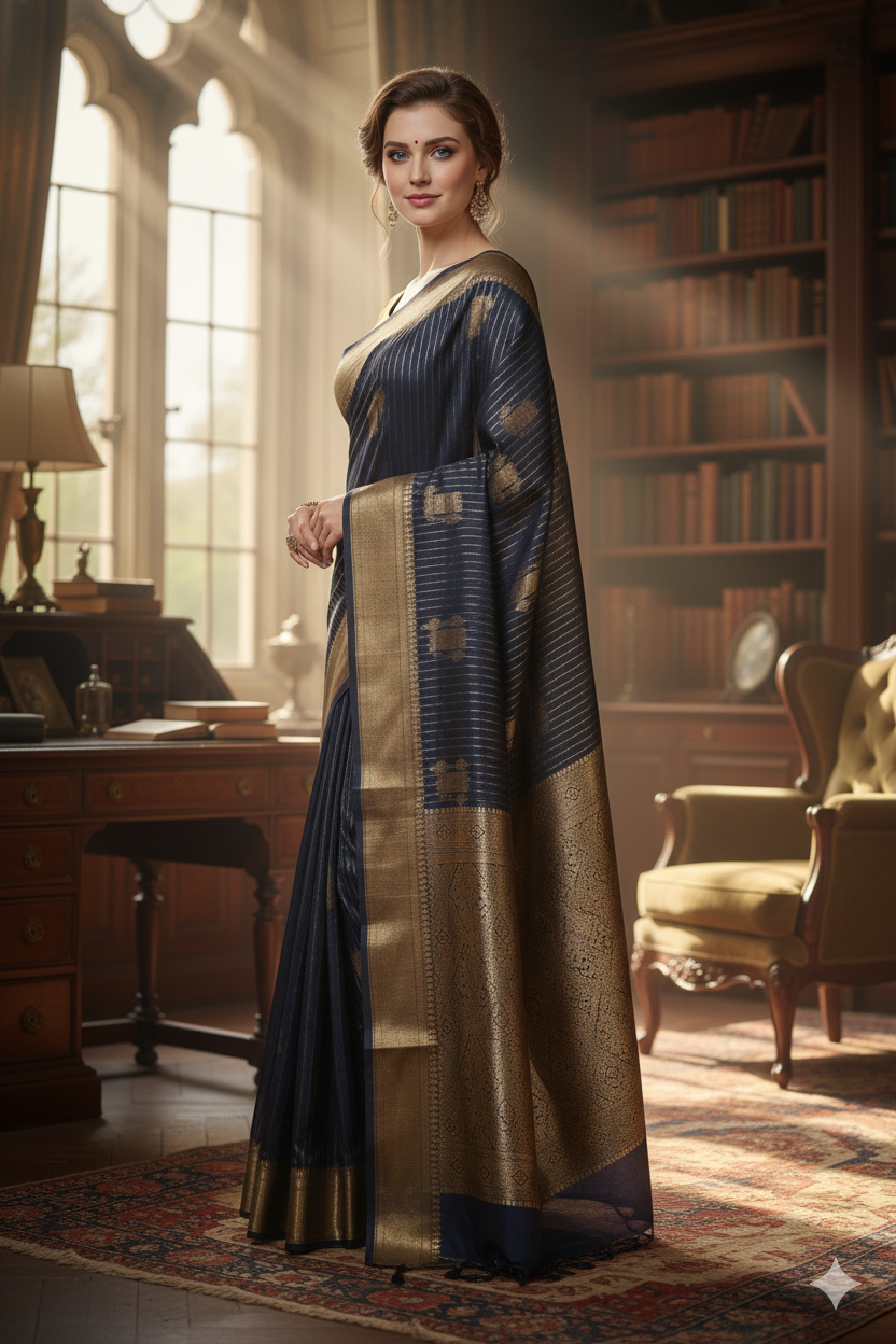 Silakaari Mohak Zari Dark Blue-Gold Fancy Banarasi Saree