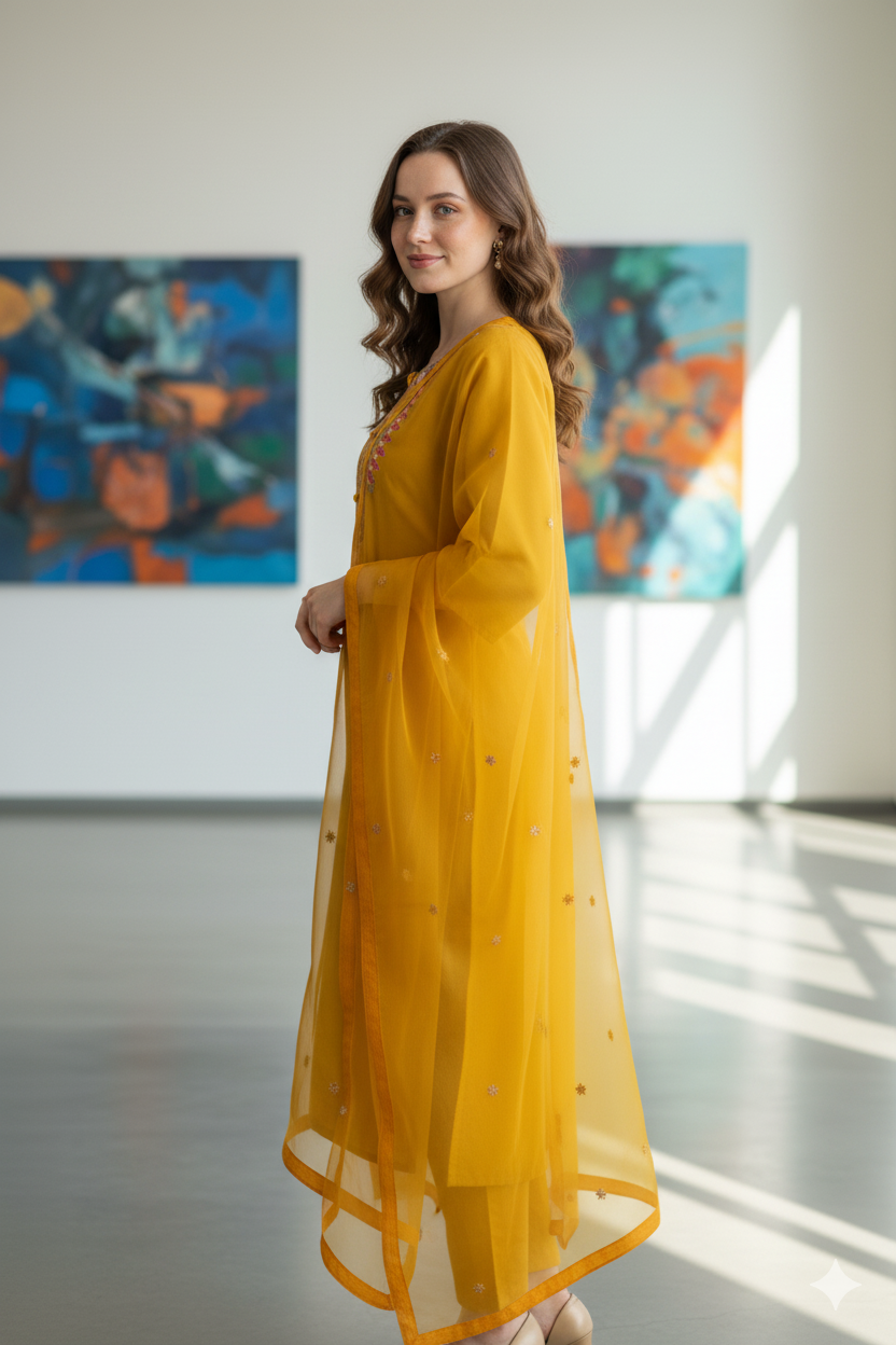 Silakaari Women's Silk Heavy Neckline Theard Moti Floral Embroidered Kurti Pant Dupatta Set