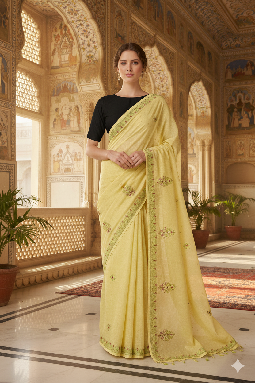 Silakaari Surajmukhi Yellow-Green Pure Cotton HandWork Lucknowi Saree