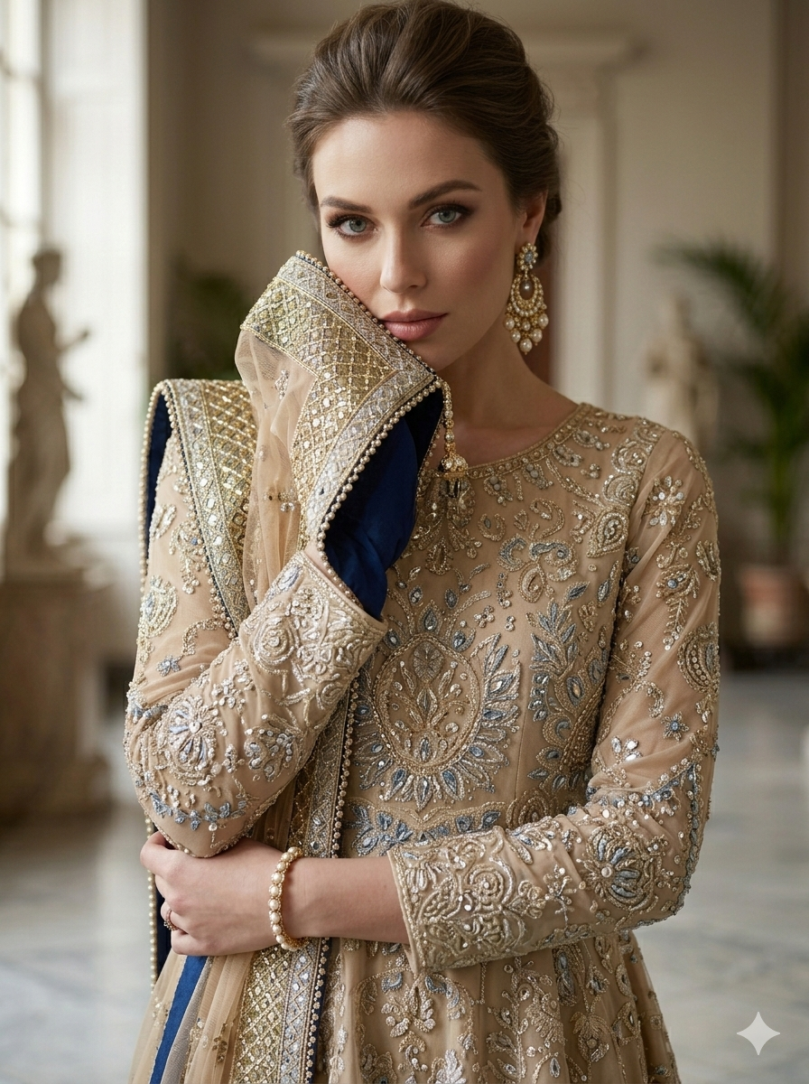 Silakaari Musheera Beige Heavy Sequins & Thread Work Embroidered Kurta Palazzo Set with Net Dupatta