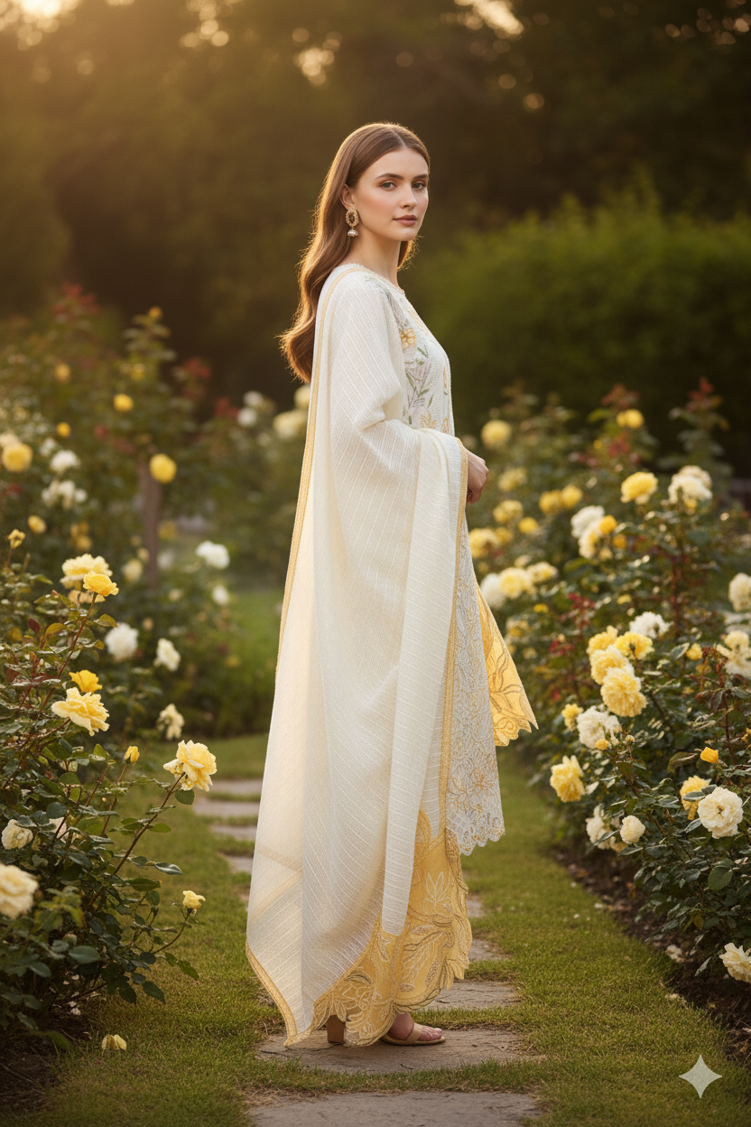 Silakaari Roomani Cream-Gold Heavy Organza Patch Fancy Dupatta Ready-Made Dress