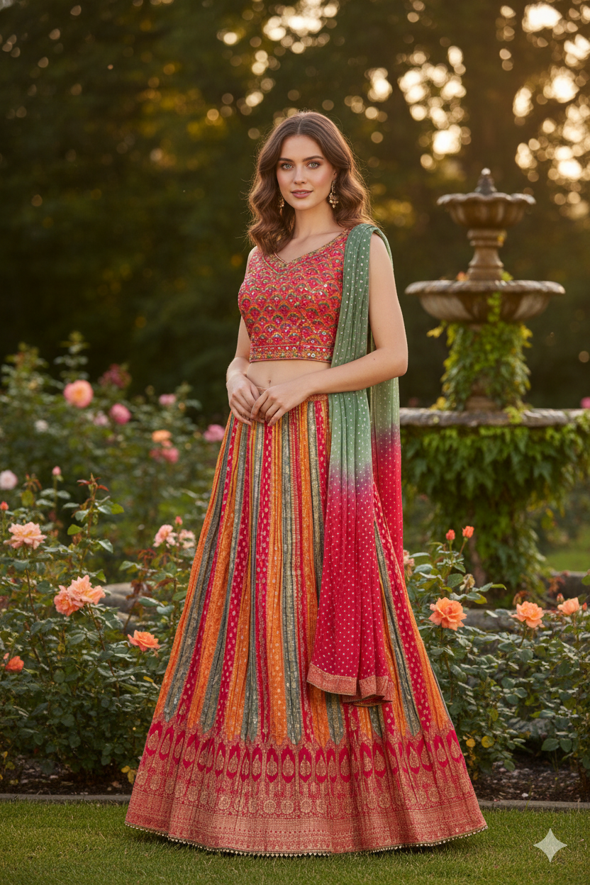 Silakaari Fancy Jaipuri Bandhani Silk Party Wear Lehenga Sharara set