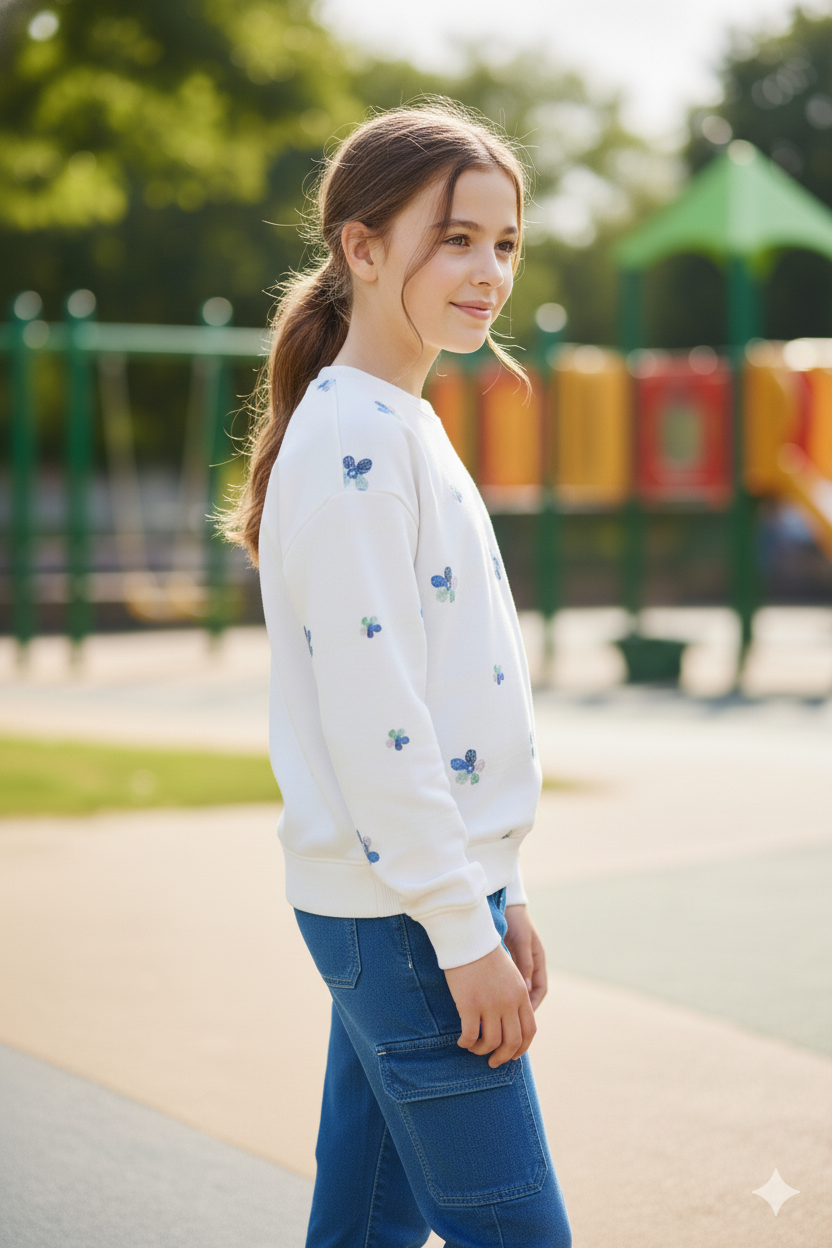 Silakaari Minha White Floral T-Shirt With Denim Baggy Side Pockets Jeans Set for Girls