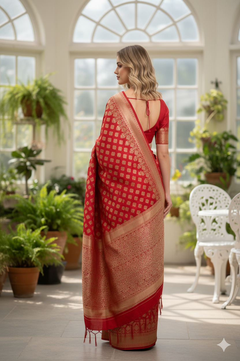 Silakaari Zari Banarasi Tango Gold-Red Woven Brocade Festive Saree