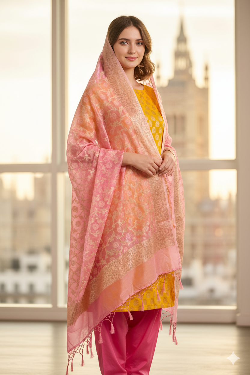 Silakaari Banarasi Zari Brocade Unstitched Suit Set Yellow-Pink With Banarasi Dupatta