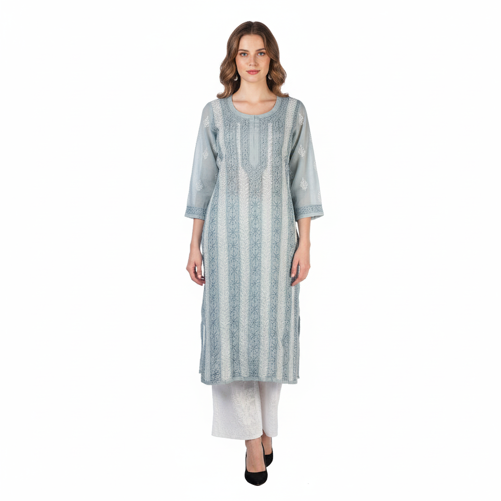 Silakaari Women's Pure Cotton All Over Panel Neck Point Premium Long Kurti Palazzo Set