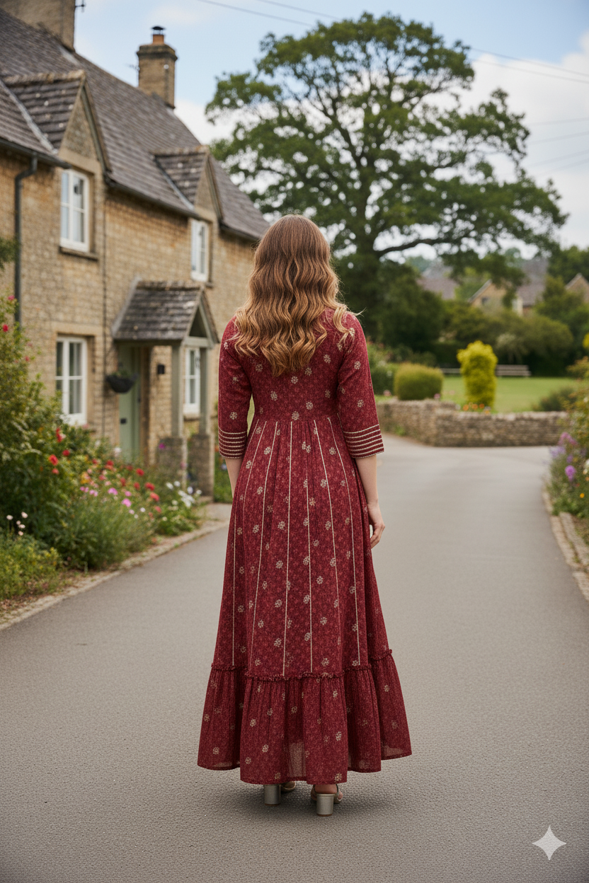 Silakaari Ezzah Red Cotton Foil Printed Full Length Anarkali