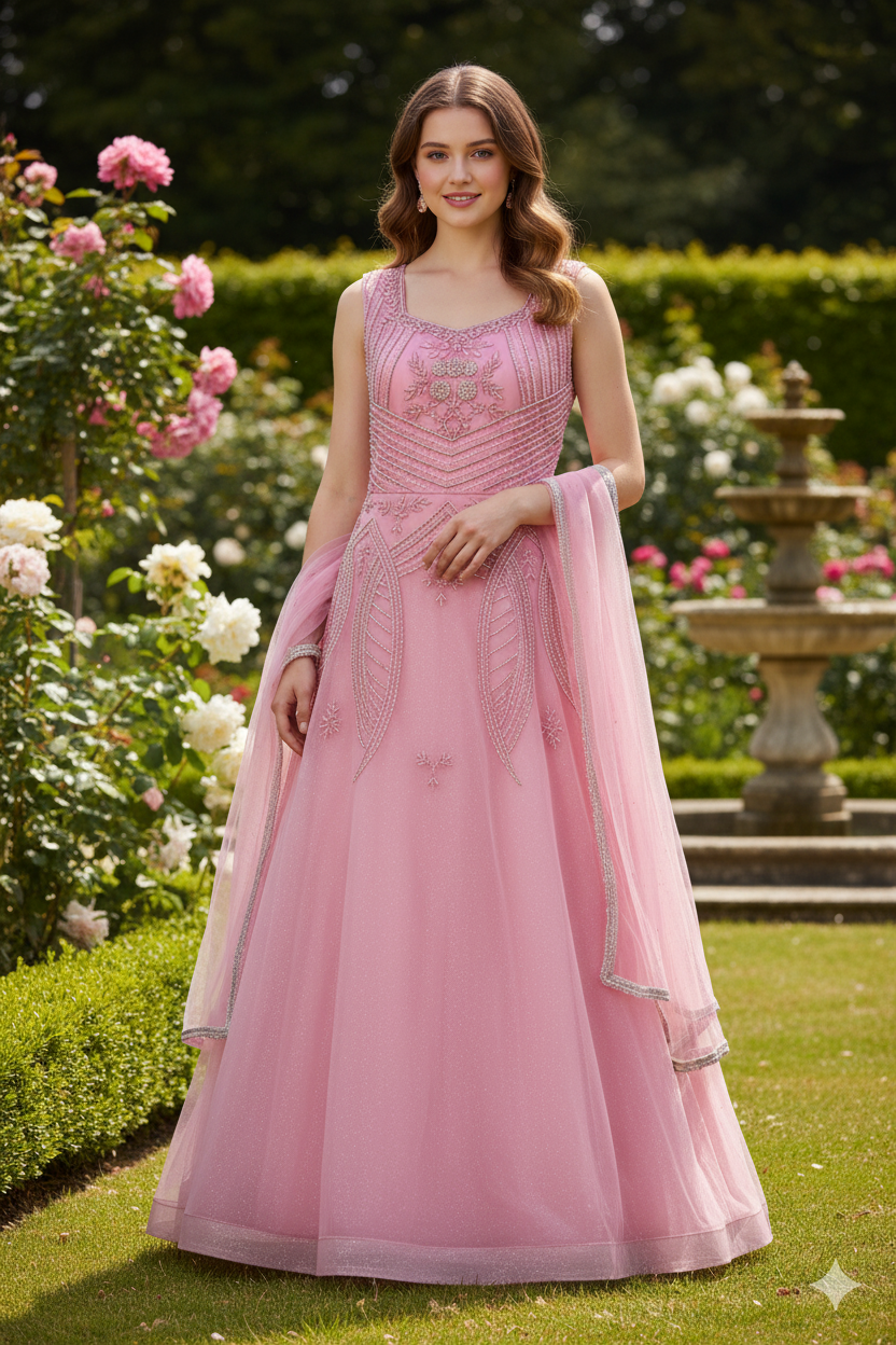 Silakaari Dusty Pink Party Wear Pearl Sequins Diamond Bridal Ball Gown