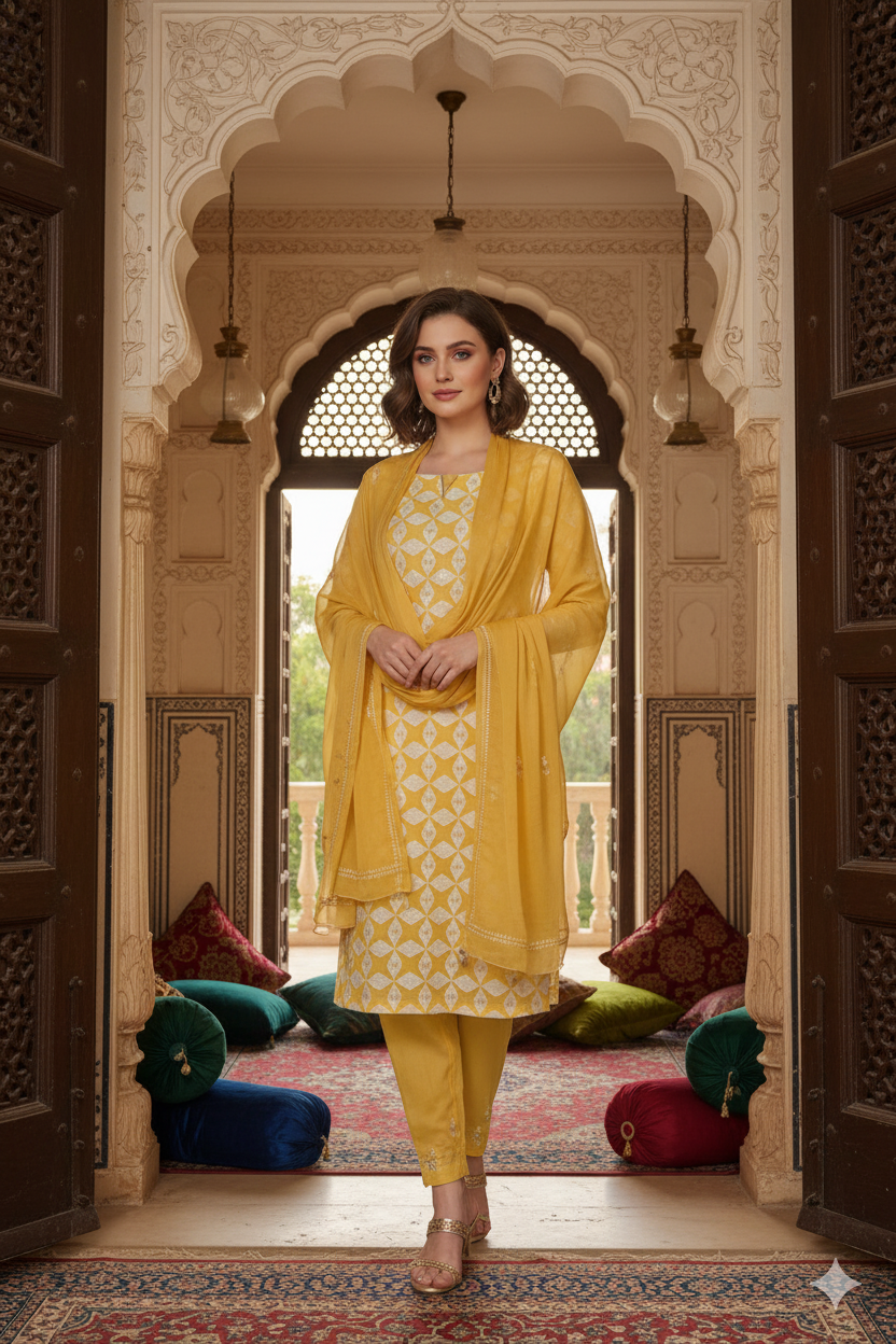 Silakaari Dhani Beige-White Patch Super Delux Premium Lucknowi Unstitched Dress Material