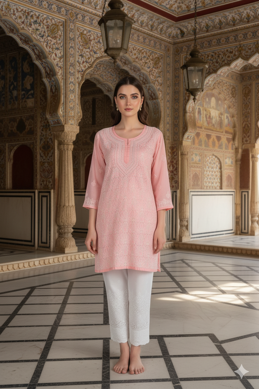 Silakaari Pure Mul Cotton All Over Premium Lucknowi Short Kurti With Pant Set