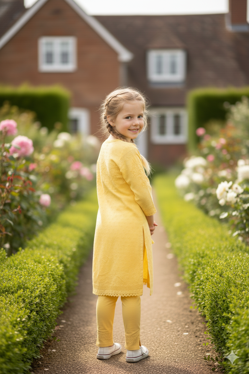Silakaari Nabila Kids Yellow Mul Cotton Pure Lucknowi Kurti Pant set