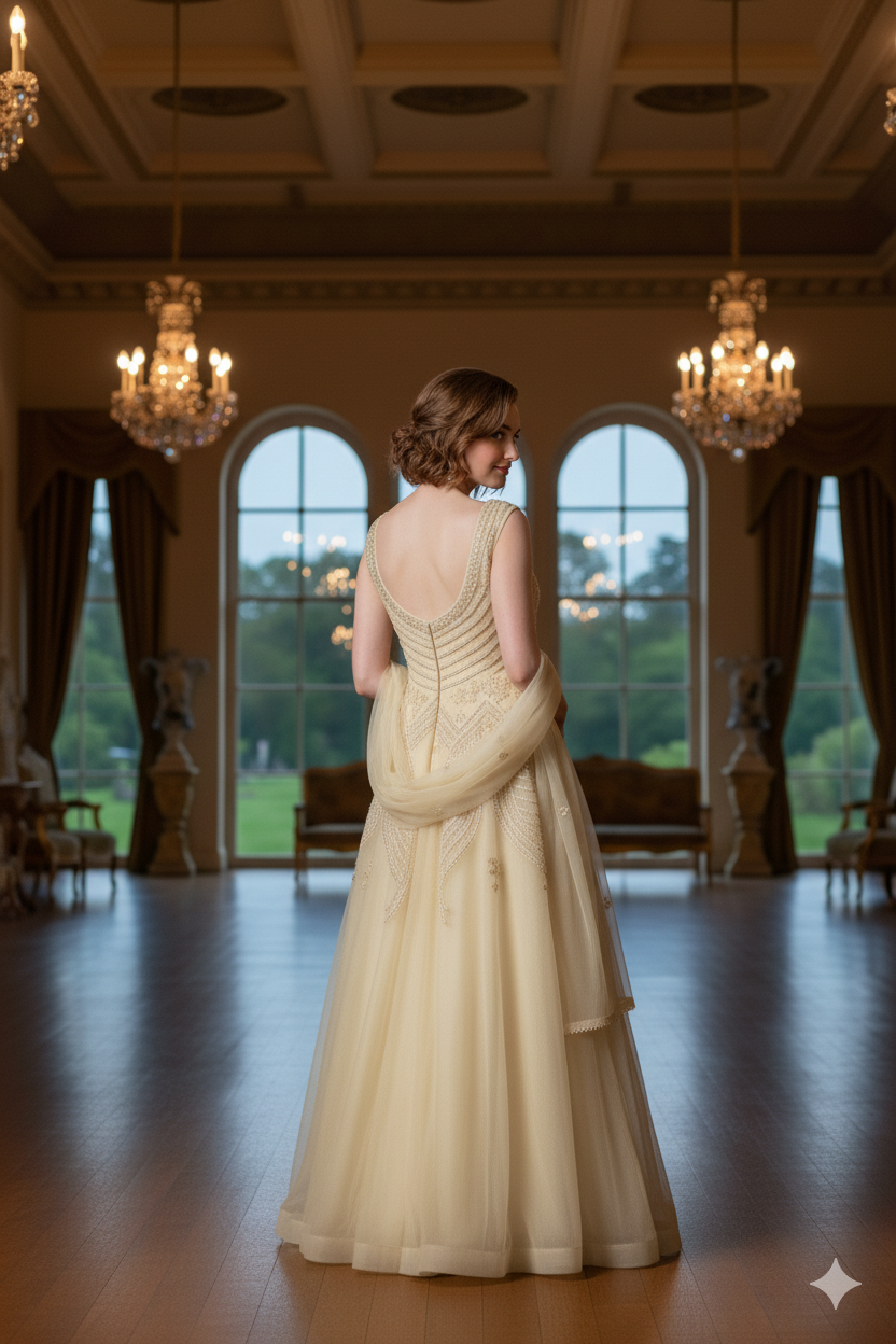 Silakaari Light Green Net Evening Gown with Pearls Sequins Diamond Embroidery