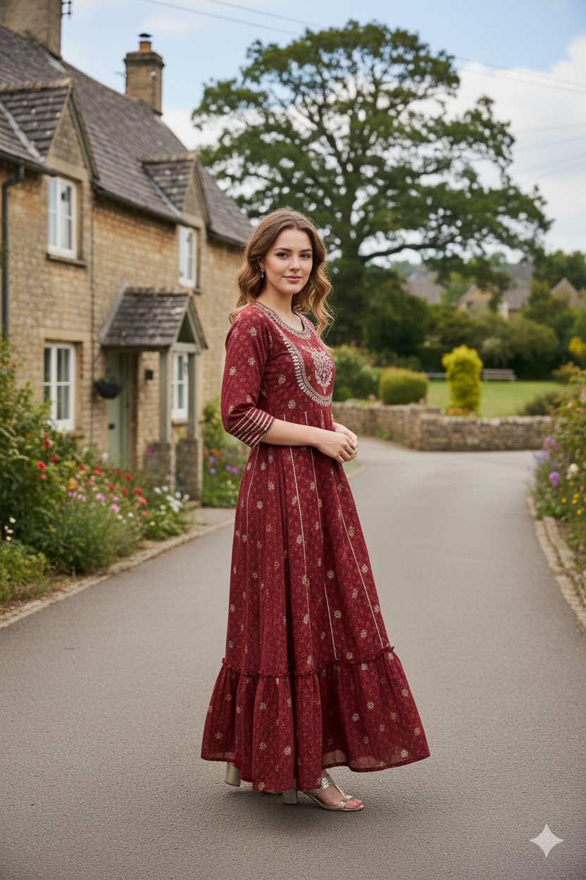 Silakaari Ezzah Red Cotton Foil Printed Full Length Anarkali