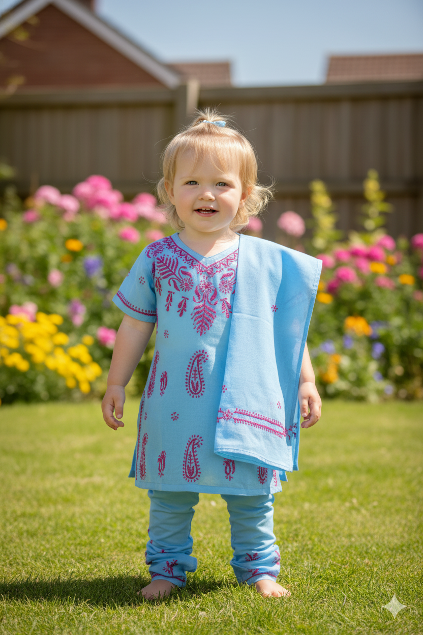 Silakaari Anarya Blue-Pink Pure Cotton Lucknowi ChikanKari Kurti Pant With Dupatta Set For Girls