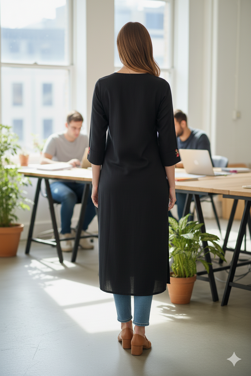 Silakaari Huda Black pocket Zari Embroidered Work Rayon Long Kurti