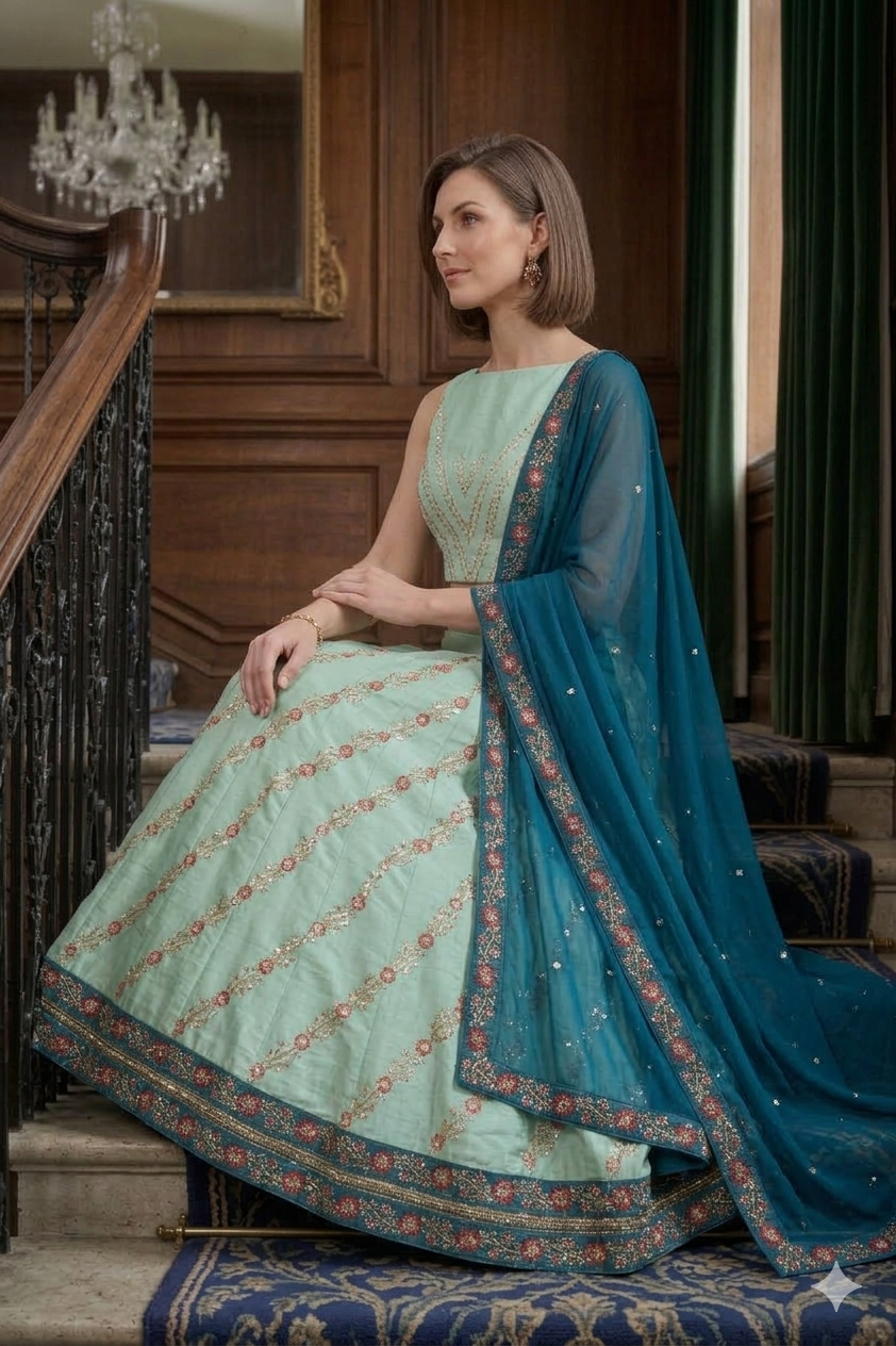 Silakaari Mehdood Teal Green Heavy Embroidery Sequin Border Silk Unstitched Lehenga Set