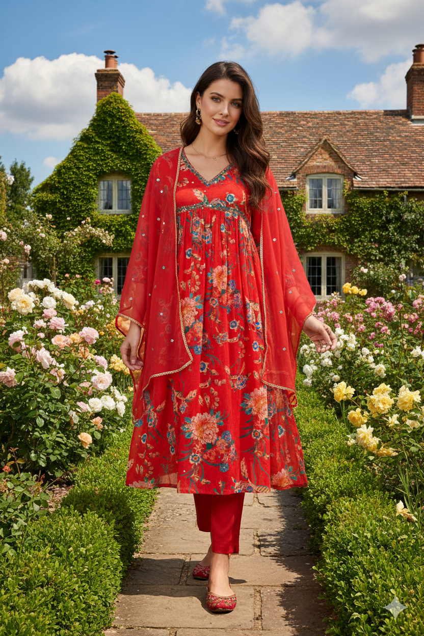 Silakaari Carrot Alia Style Pure Chinon Hand-work Kurti Set with Dupatta