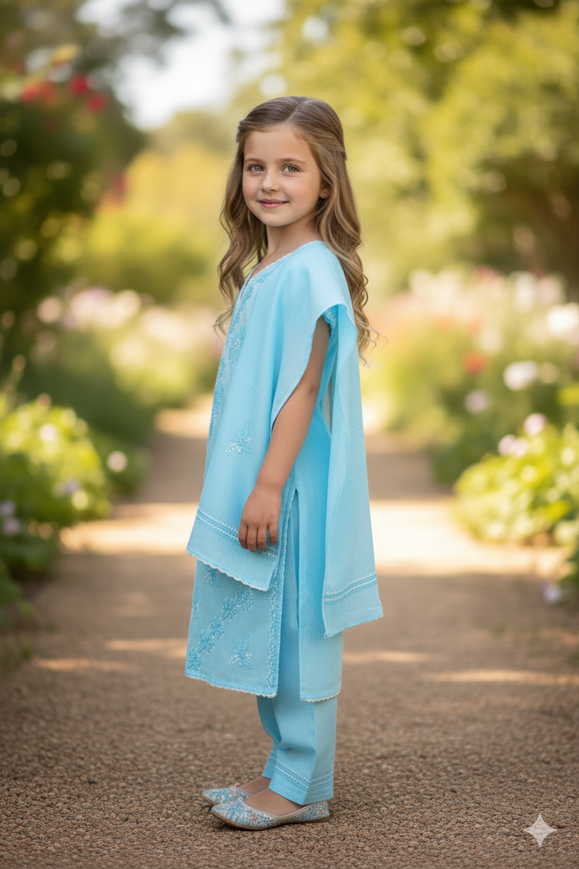 Silakaari Shifa Blue-White Pure Cotton Lucknowi ChikanKari Kurti Pant With Dupatta Set For Girls