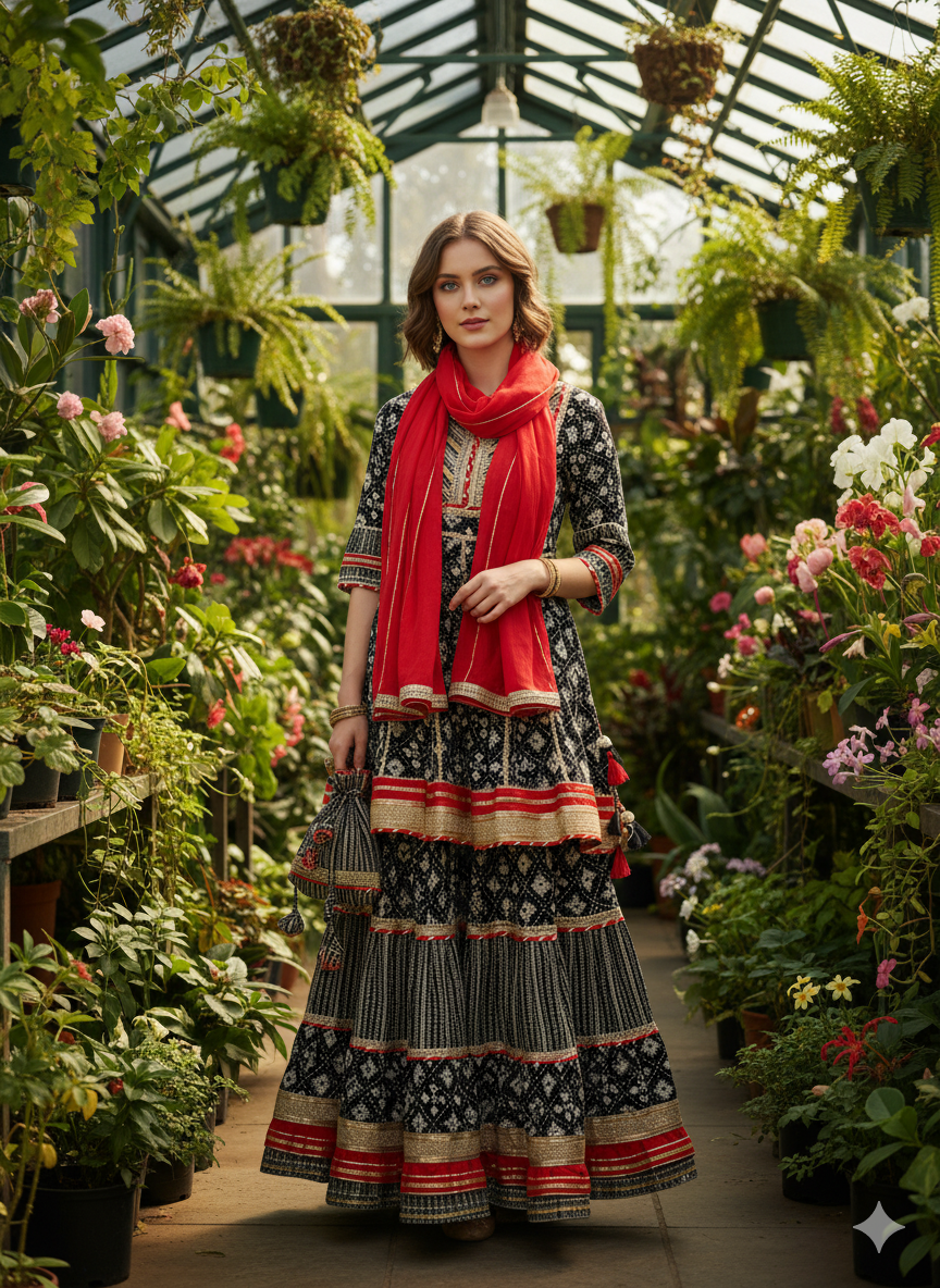 Silakaari Women's Black-Red Heavy Gota Patti Full Garara Set With Potli