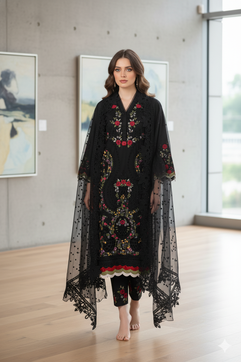 Silakaari Khilwat Pure Black Organza Heavy Embroidery Patch Work Ready-Made Dress