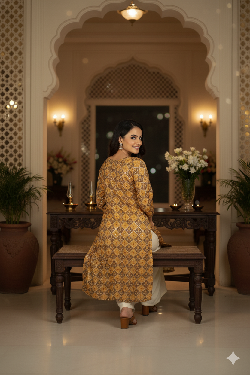 Silakaari Liyana Patola Print Mustard Rayon Straight Long Kurti with Mirror work