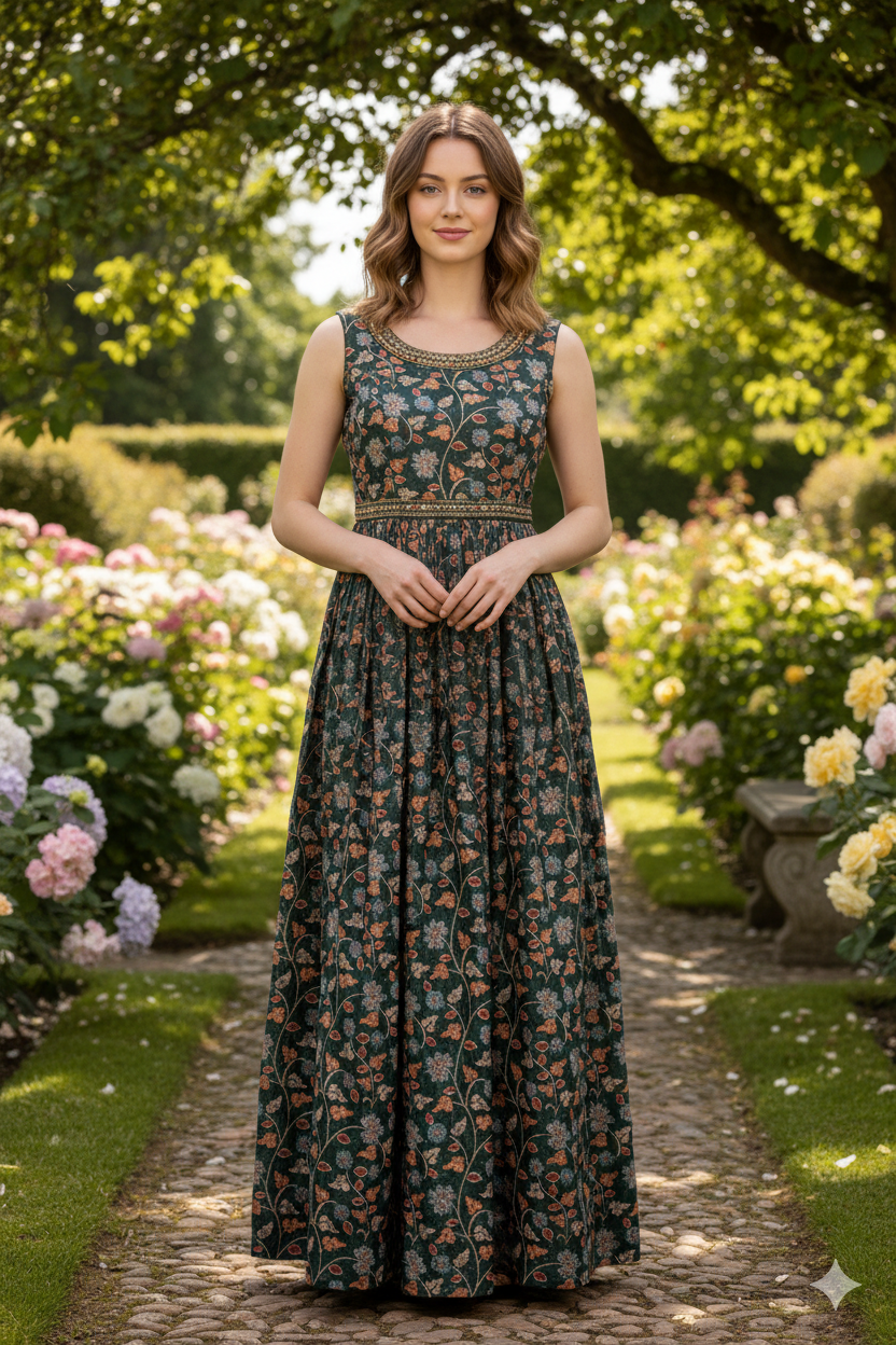 Silakaari Soul Dark Green Floral Printed Ethnic Gown