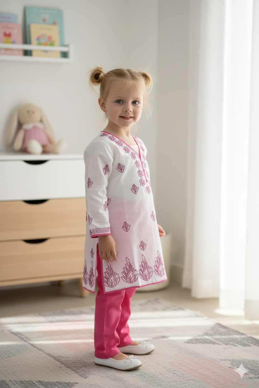 Silakaari Kids Pure Cotton Floral Chikan Lucknowi Kurta Pajama Set For Girls