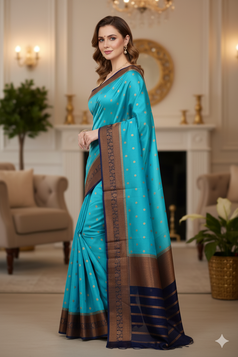 Silakaari Women's Blue Banarasi Hand Zari work Organza saree