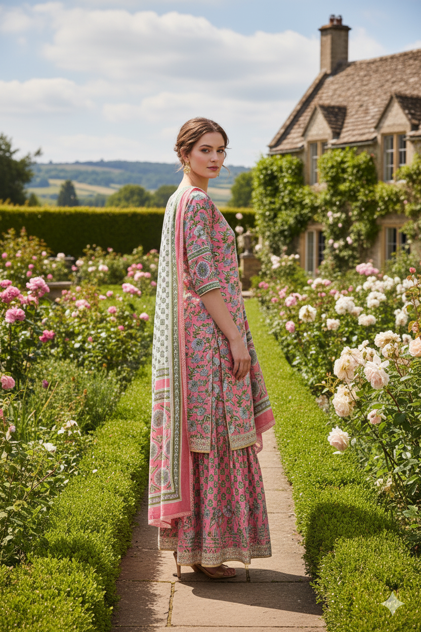 Silakaari Pink Dutch Floral Cotton Gota patti Hand block Short Kurti with Sharara Set