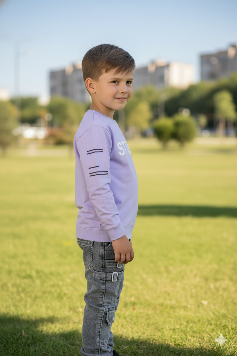 Silakaari Boker Purple T-Shirt With Grey Denim Jeans Set For Boys