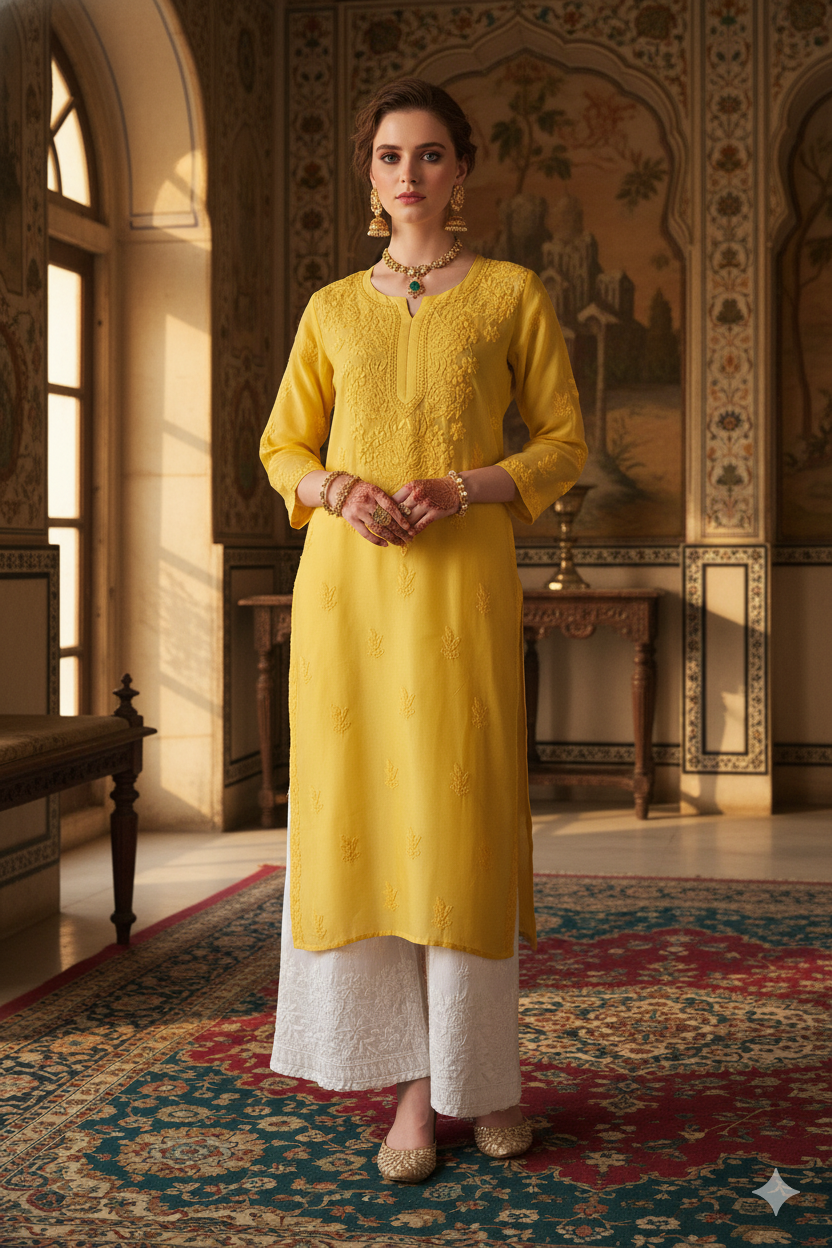 Silakaari Women's Pure Viscose Self Thread Heavy Lucknowi Glance Long Kurti Palazzo Set