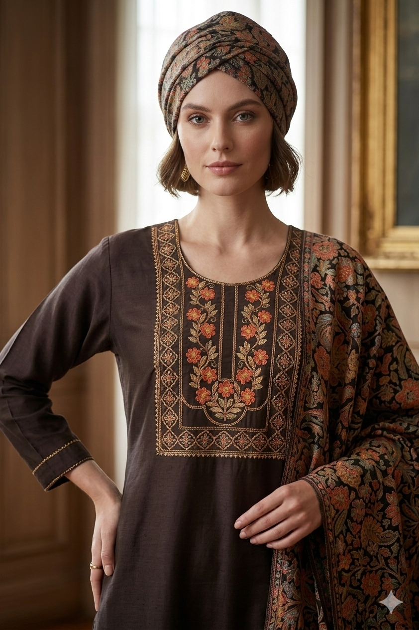 Silakaari Women's Dark Grey Heavy Zari Resham Digital Printed Dupatta Kurti Pant Set